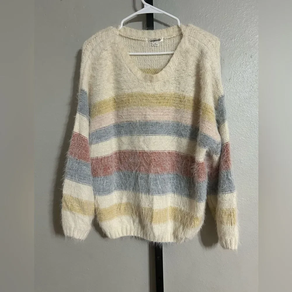 Magnolia Boutique Cream Fuzzy Scoop Neck Sweater with Pastel Stripes Size Small